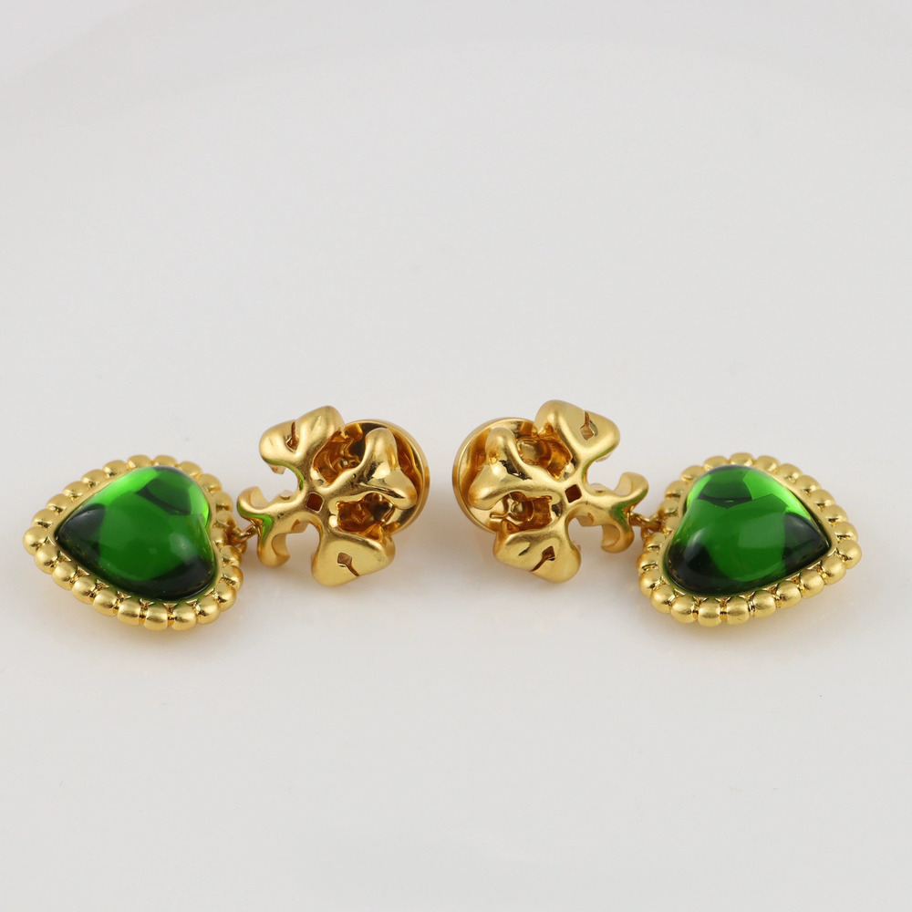 Tory Burch Gold Plated Copper Heart Glass Stud Earrings